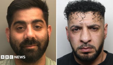 A composite image of Muhammad Hussain (left) and Riaz Wadood. Muhammed has short dark hair and a full beard, and is wearing a light green patterned top. Riaz has short, tightly curled hair with defined curls falling onto the forehead, and a close-trimmed beard and moustache. He is wearing a black top.