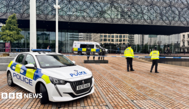 A police car parked on a paved area in front of a large building with a patterned metal front and a number of police officers in yellow jackets standing around