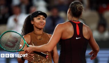 Naomi Osaka and Aryna Sabalenka embrace at the net after their 2026 French Open match