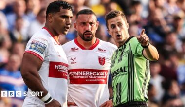 Hull KR's Tevita Pangai Junior (left) is spoken to by the referee