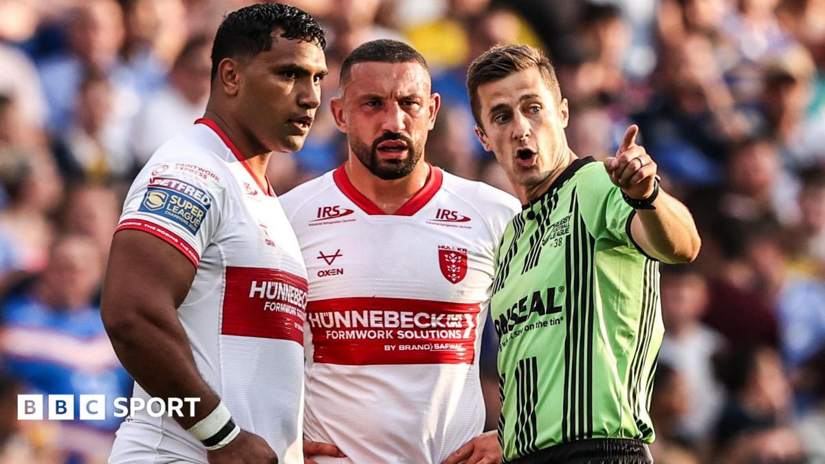 Hull KR's Tevita Pangai Junior (left) is spoken to by the referee