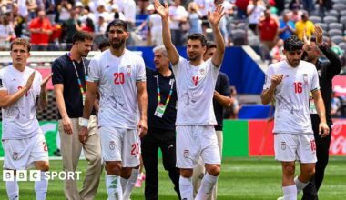 Iran players applaud their fans at the Los Angeles Stadium