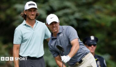 Tommy Fleetwood and Rory McIlroy pictured together during the second round of the US Open at Shinnecock Hills