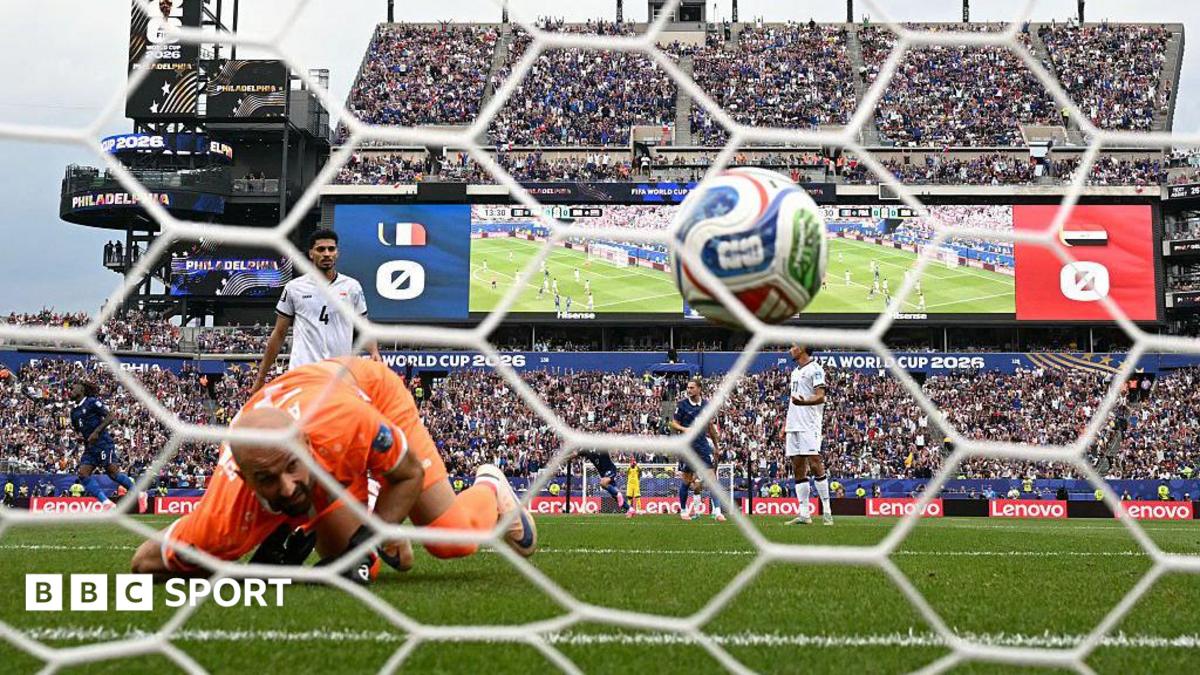 Iraq goalkeeper Ahmed Basil looks on as France forward Kylian Mbappe's shot hits the net in the World Cup group game in Philadelphia on 22 June, 2026