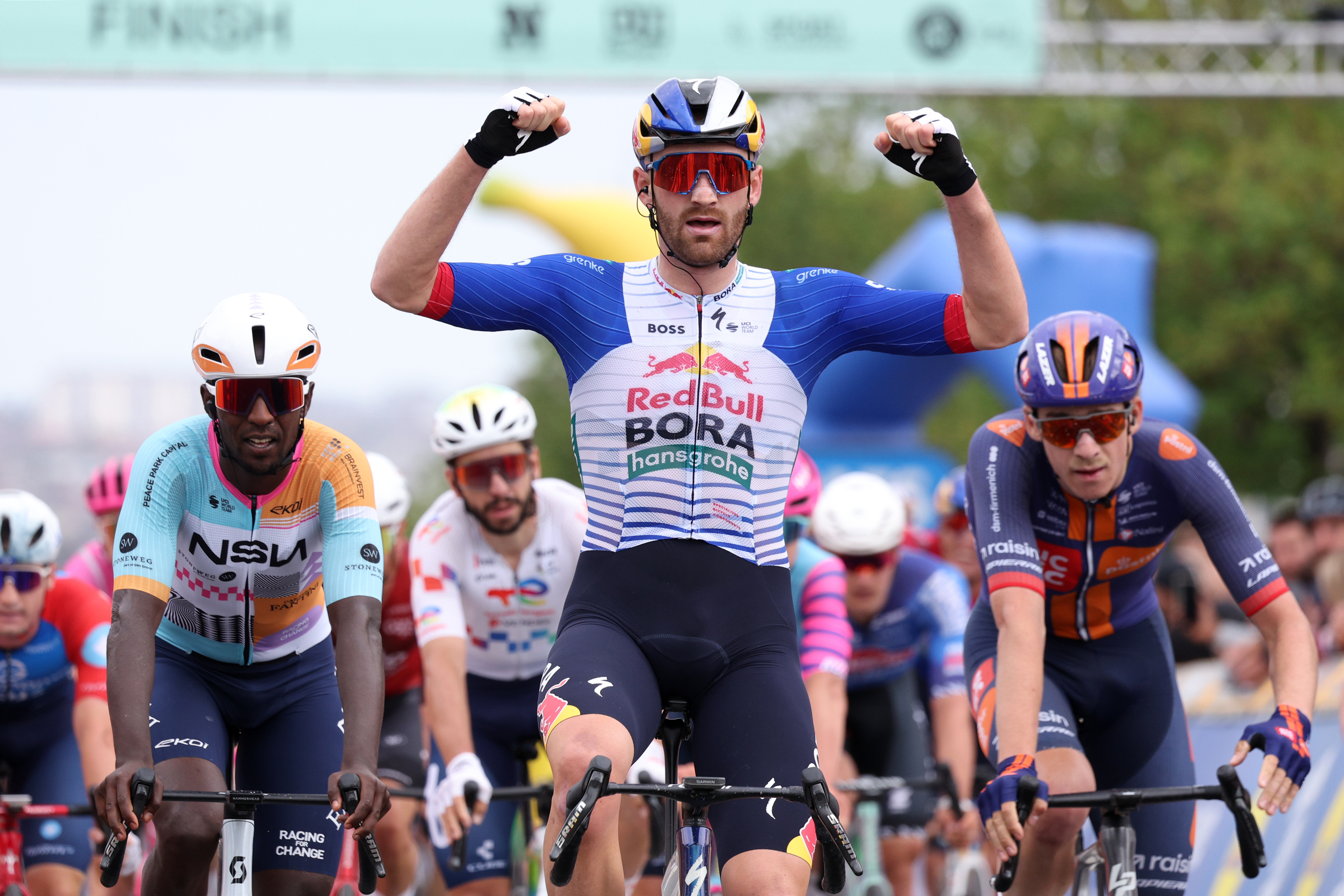 BRUSSELS, BELGIUM - JUNE 07: Jordi Meeus of Belgium and Team Red Bull - BORA - hansgrohe celebrates at finish line as race winner during the 106th Brussels Cycling Classic 2026 a 206.3km one day race from Etterbeek to Brussels on June 07, 2026 in Brussels, Belgium. (Photo by Rhode Van Elsen/Getty Images)