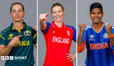 A split graphic of Australia's Ash Gardner (left), England's Lauren Bell (centre) and India's Deepti Sharma (right)