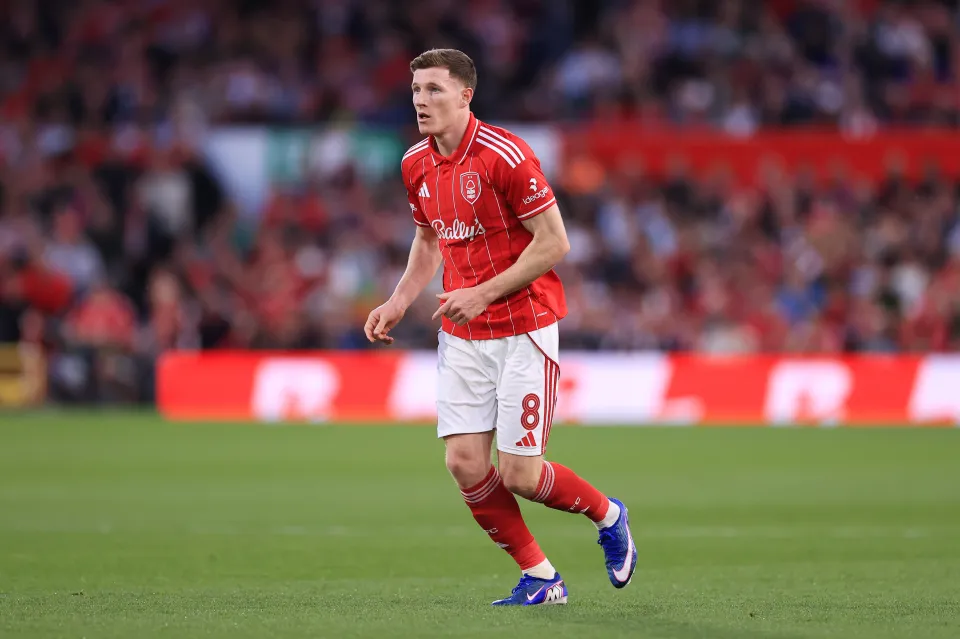 Elliot Anderson of Nottingham Forest in action during the UEFA Europa League 2025/26 Semi-Final First Leg match between Nottingham Forest FC and Aston Villa