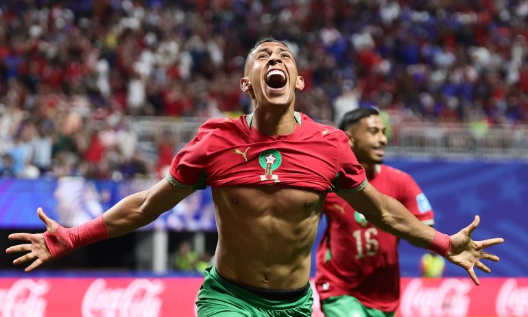 epaselect epa13062318 Soufiane Rahimi of Morocco celebrates after scoring the 3-2 lead during the FIFA World Cup 2026 group stage match Morocco against Haiti, in Atlanta, Georgia, USA, 24 June 2026. EPA/RONALD WITTEK