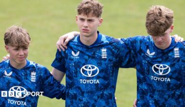 Rocky Flintoff stands with England U19s team-mates