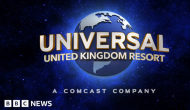 The logo for Universal United Kingdom resort shows a blue globe in space, surrounded by blue stars with the words "Universal United Kingdom Resort" w
