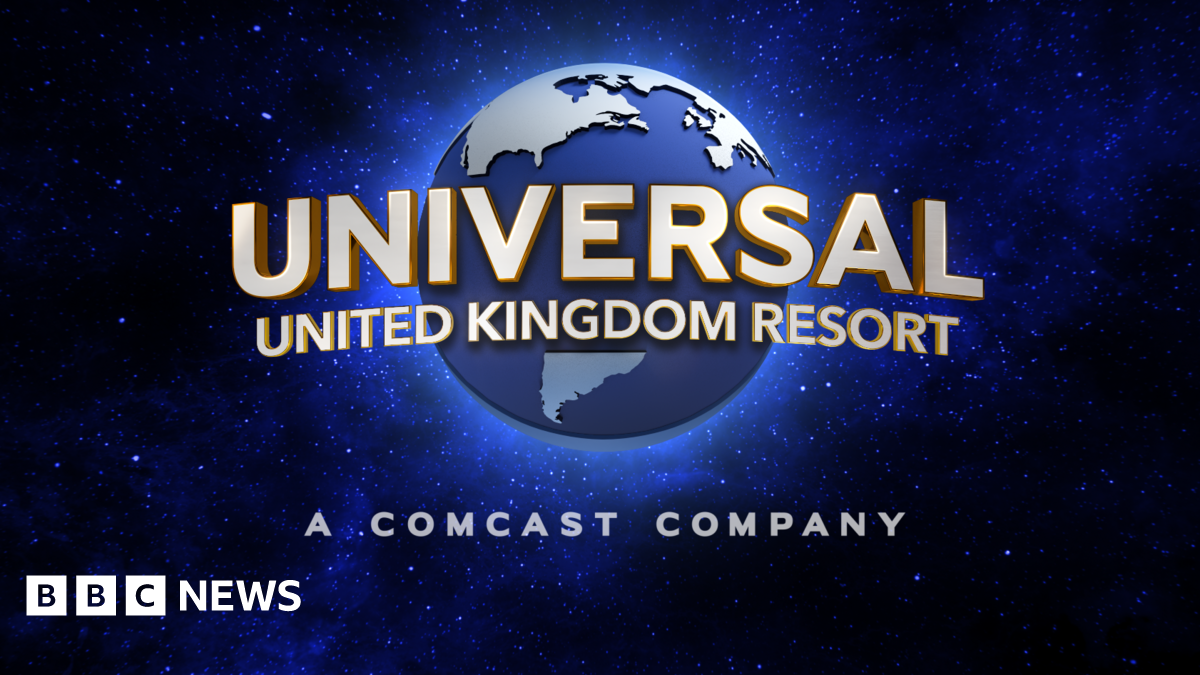 The logo for Universal United Kingdom resort shows a blue globe in space, surrounded by blue stars with the words "Universal United Kingdom Resort" w