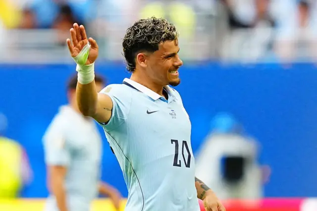 Maximiliano Araujo of Uruguay gestures during the 2026 FIFA World Cup First Stage Group H match between Uruguay and Cape Verde