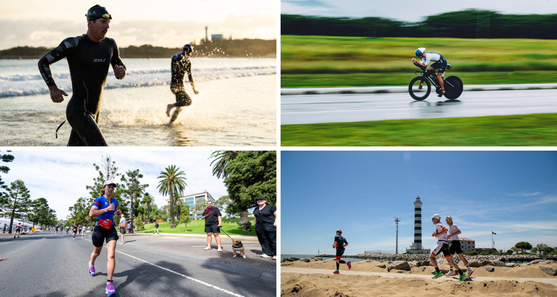 composite image of athletes swimming, cycling, and running in different Ironman 70.3 destinations around the world