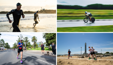 composite image of athletes swimming, cycling, and running in different Ironman 70.3 destinations around the world