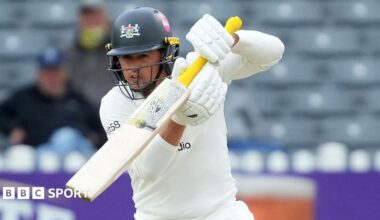 Graeme van Buuren, wearing his Gloucestershire whites and a helmet, plays a shot against Kent at Seat Unique Stadium, Bristol on 10 May 2026