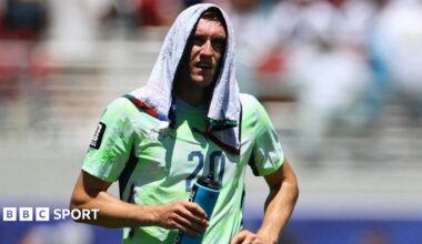 Switzerland's Michel Aebischer during a hydration break at the 2026 World Cup