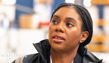 Kemi Badenoch, leader of the Conservative Party, pictured on a visit to Aberdeen. She is wearing a black, zippered jacket.