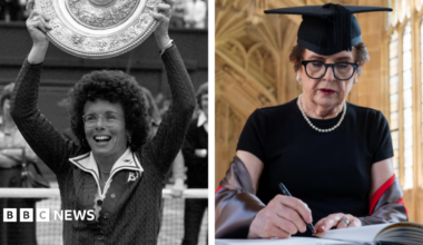 Composite image. On the left is a file photo dated 4-07-1975 of American tennis player Billie Jean King holding aloft the Wimbledon Women's Singles trophy. On the right is her signing the honorary degree list on Wednesday.
