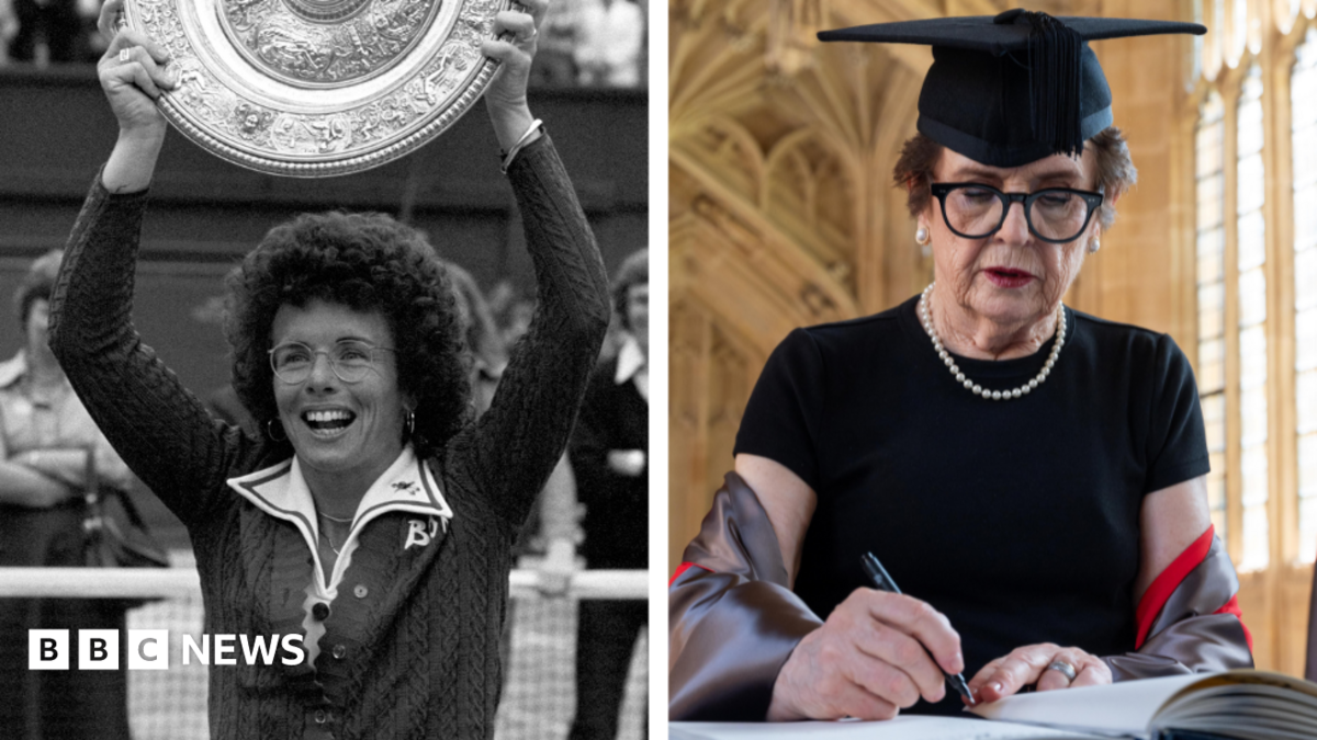 Composite image. On the left is a file photo dated 4-07-1975 of American tennis player Billie Jean King holding aloft the Wimbledon Women's Singles trophy. On the right is her signing the honorary degree list on Wednesday.