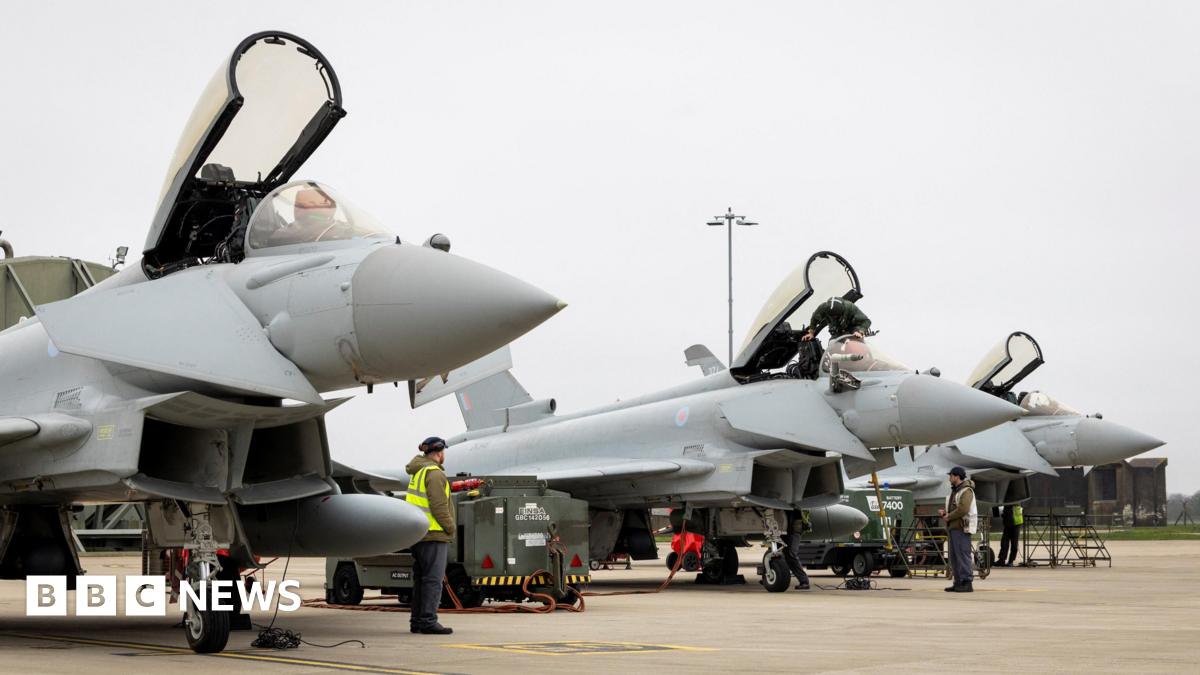 Three RAF Typhoon aircraft, with their canopies open, prepare to depart RAF Coningsby for Qatar