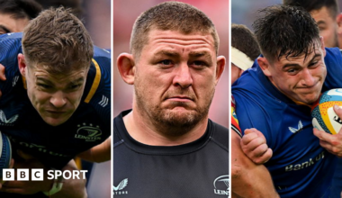 Split picture of Garry Ringrose, Tadhg Furlong and Dan Sheehan in Leinster team kit