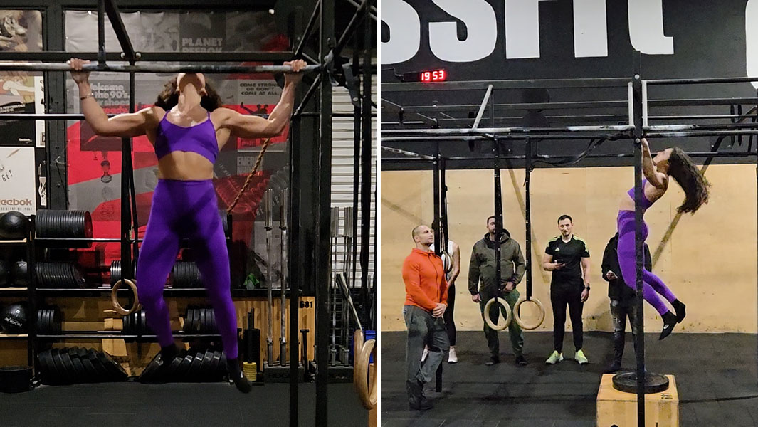 split image of Elina doing pull ups with a crowd watching