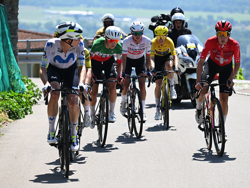 LOCARNO, SWITZERLAND - JUNE 18: (L-R) Elisa Longo Borghini of Italy and UAE Team ADQ, Kasia Niewiadoma of Poland and Team CANYON//SRAM zondacrypto and Steffi Haberlin of Switzerland and Team SD Worx - Protime compete in the breakaway during the 10th Tour de Suisse Women 2026, Stage 2 a 105.6km stage from Locarno to Locarno / #UCIWWT / on June 18, 2026 in Locarno, Switzerland. (Photo by Tim de Waele/Getty Images)