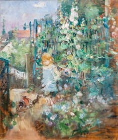 A young child stands amid tall blooming hollyhocks in a softly rendered garden scene, capturing light and innocence in Child Among the Hollyhocks by Berthe Morisot.