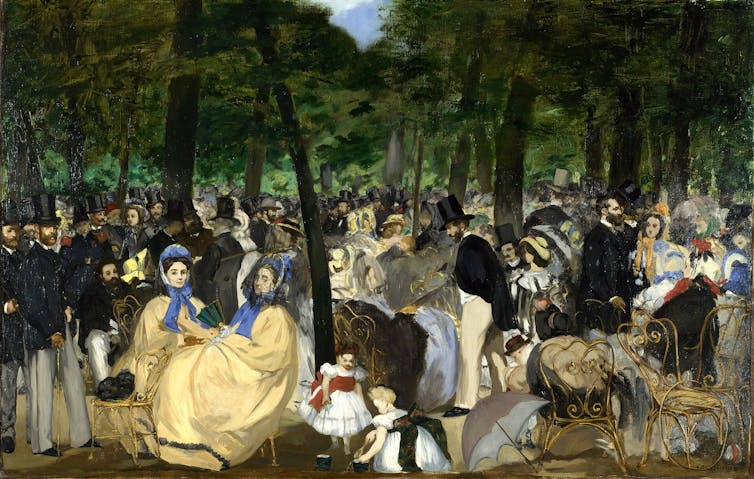 A lively crowd of elegantly dressed Parisians gathers among trees in a sunlit garden, capturing a bustling social scene in Music in the Tuileries Gardens by Édouard Manet