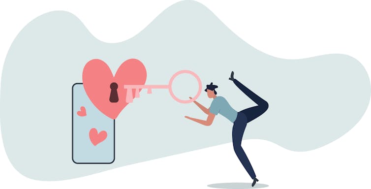 Cartoon illustration of a person using a large key to 'unlock' love within a mobile phone