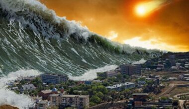 This illustration shows a massive tidal wave created by the flyby of a planetary mass object. New research says Earth may have experienced multiple dangerous flybys that contributed to or caused extinctions in the last 600 million years. Image Credit: Fargion 2026. PoS.