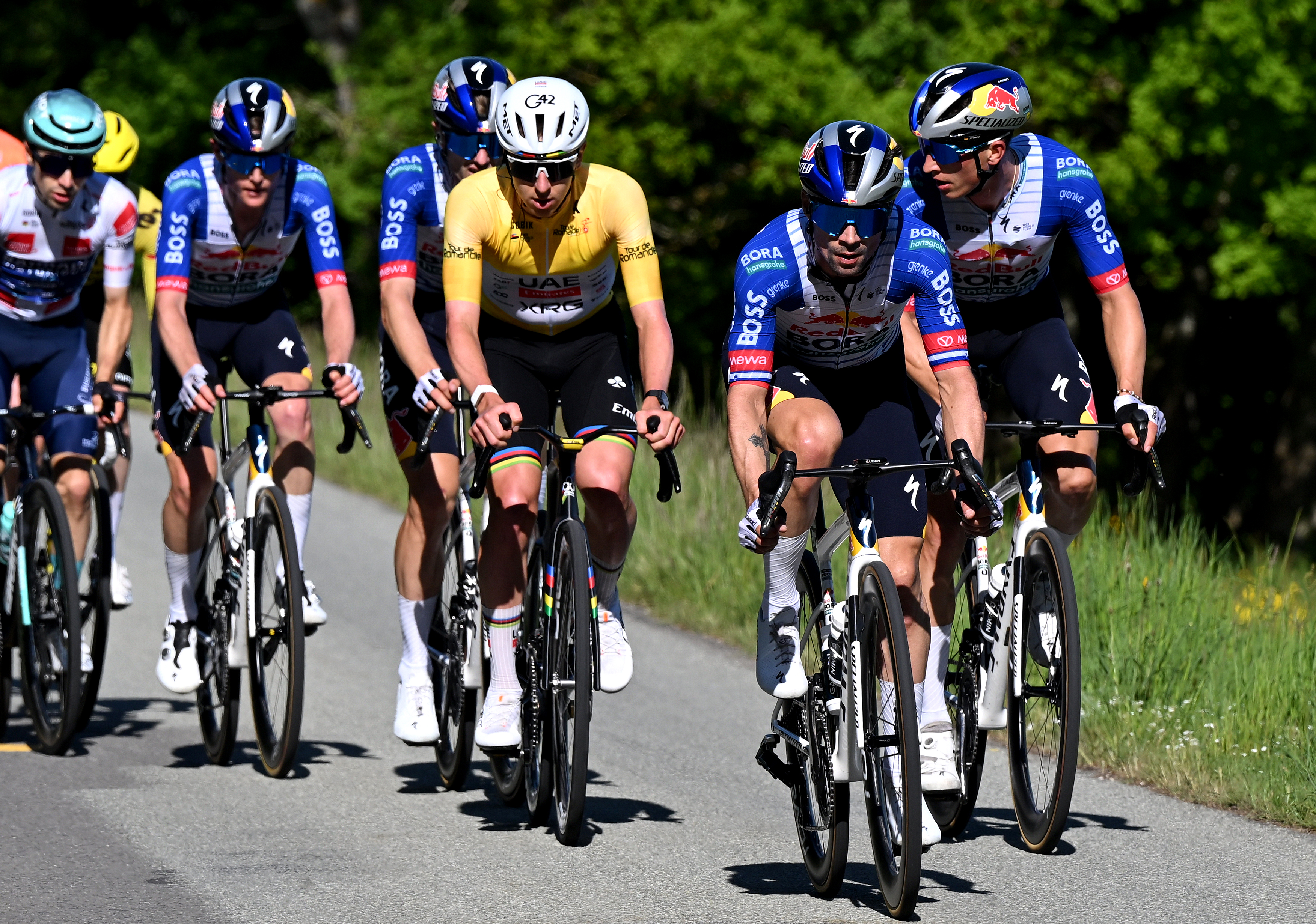 ORBE, SWITZERLAND - MAY 01: (L-R) Tadej Pogacar of Slovenia and UAE Team Emirates - XRG - Yellow Leader Jersey, Primoz Roglic of Slovenia and Florian Lipowitz of Germany and Team Red Bull - BORA - hansgrohe lead the peloton during the 79th Tour de Romandie 2026, Stage 3 a 176.6km stage from Orbe to Orbe / #UCIWT / on May 01, 2026 in Orbe, Switzerland. (Photo by Dario Belingheri/Getty Images)