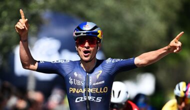 Tom Pidcock celebrates at the finish line as stage winner during the 48th Tour of the Alps 2026, Stage 3