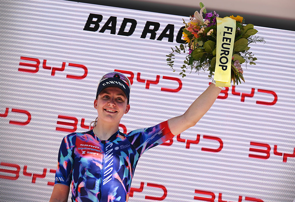 BAD RAGAZ, SWITZERLAND - JUNE 19: Zoe Backstedt of Great Britain and Team CANYON//SRAM zondacrypto celebrates at podium as stage winner during the 10th Tour de Suisse Women 2026, Stage 3 a 120.8km stage from Bad Ragaz to Bad Ragaz / #UCIWWT / on June 19, 2026 in Bad Ragaz, Switzerland. (Photo by Tim de Waele/Getty Images)