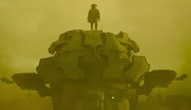 A figure stands on a robot in a sandstorm.