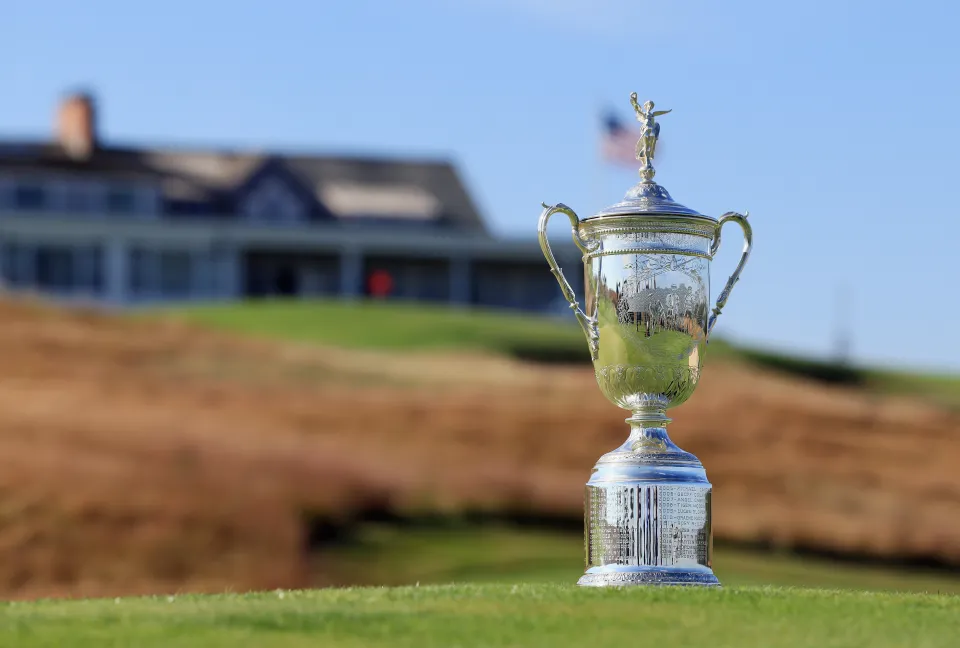 A general view of the U.S. Open Championship Trophy on the golf course at Shinnecock Hills Golf Club on September 15, 2025
