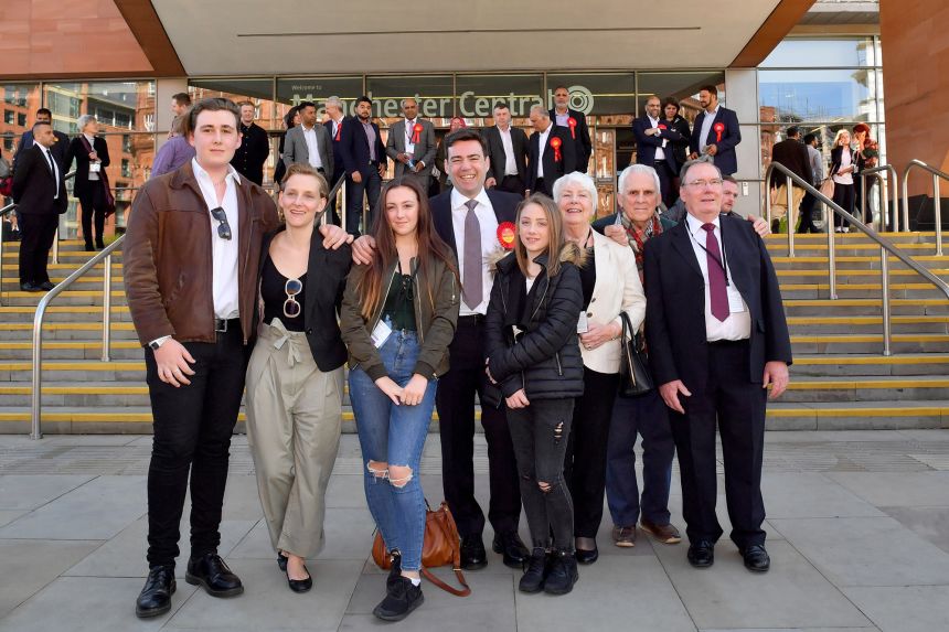 Andy Burnham celebrates winning the Greater Manchester mayoral election with his family in 2017.