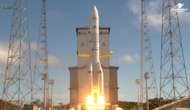 An Ariane 6 rocket launches 36 Amazon Leo satellites to orbit from French Guiana on June 17, 2026.