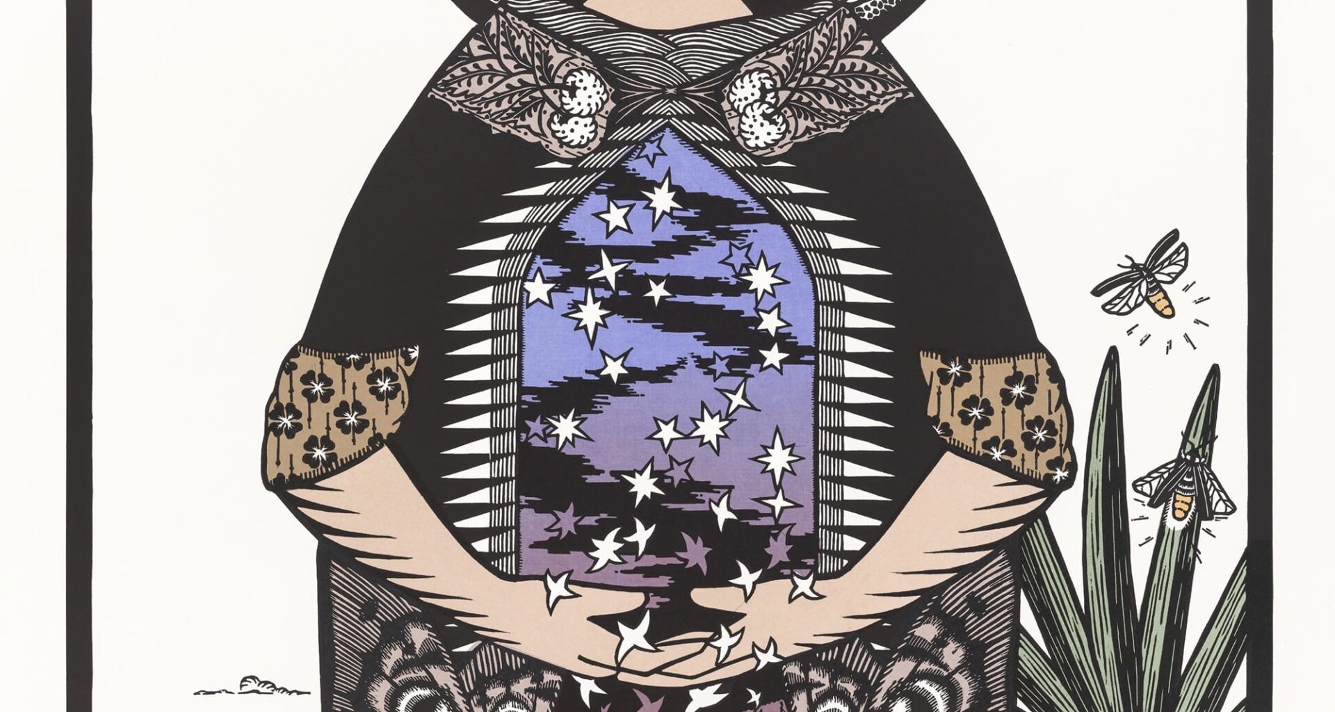 a large woodblock and paper-collaged print of a spiritual figure