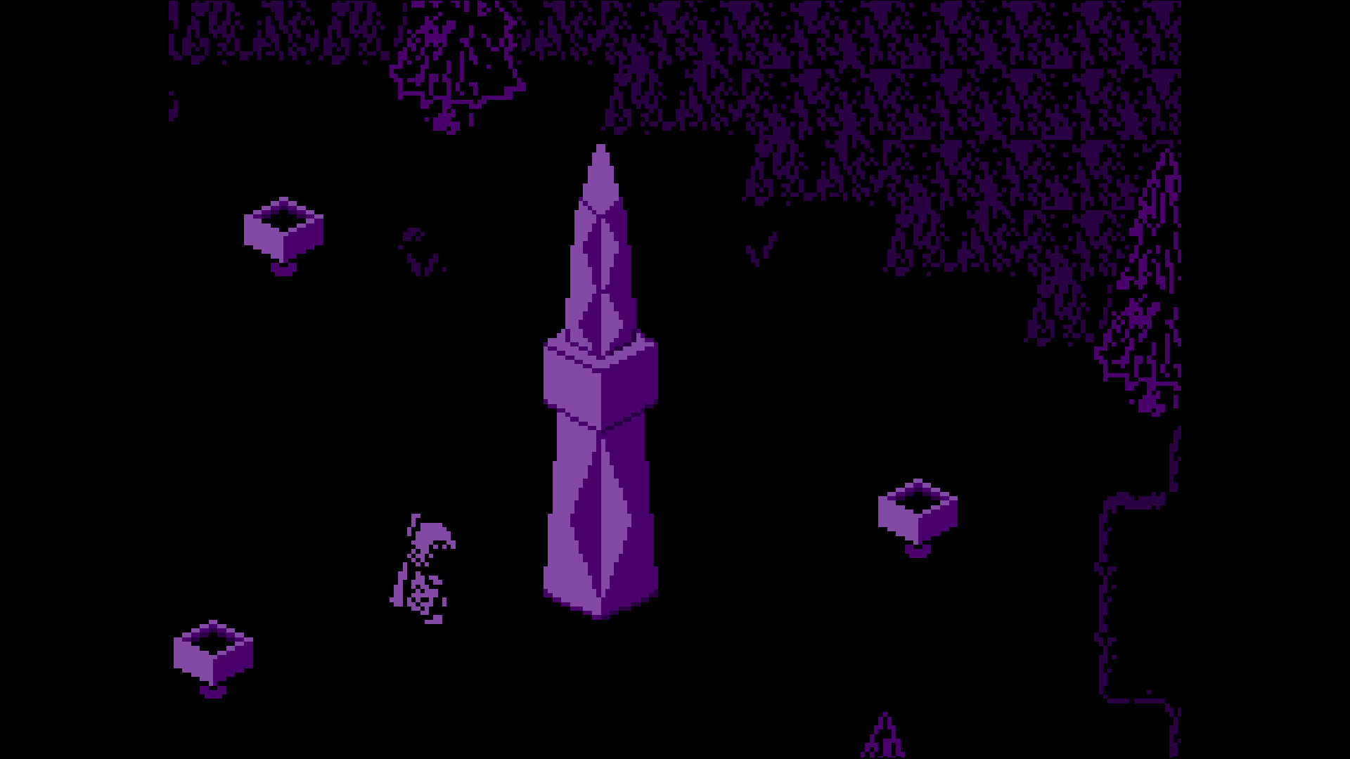 A small pixel figure stands in front of a monolith