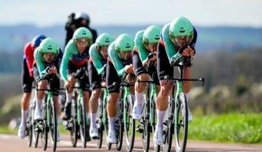 Decathlon CMA CGM Team riders pictured in action during the third stage of 84th edition of the Paris-Nice cycling race, a team time trial from Cosne-Cours-sur-Loire to Pouilly-sur-Loire (23,5 km), on Tuesday 10 March 2026. BELGA PHOTO DAVID PINTENS (Photo by DAVID PINTENS / BELGA MAG / Belga via AFP)
