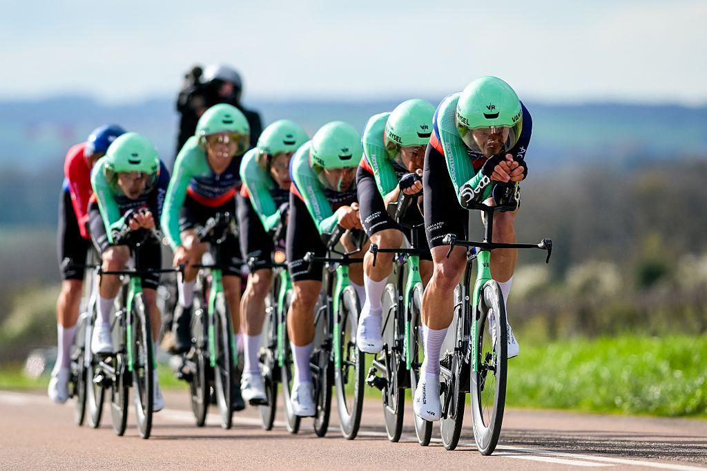 Decathlon CMA CGM Team riders pictured in action during the third stage of 84th edition of the Paris-Nice cycling race, a team time trial from Cosne-Cours-sur-Loire to Pouilly-sur-Loire (23,5 km), on Tuesday 10 March 2026. BELGA PHOTO DAVID PINTENS (Photo by DAVID PINTENS / BELGA MAG / Belga via AFP)