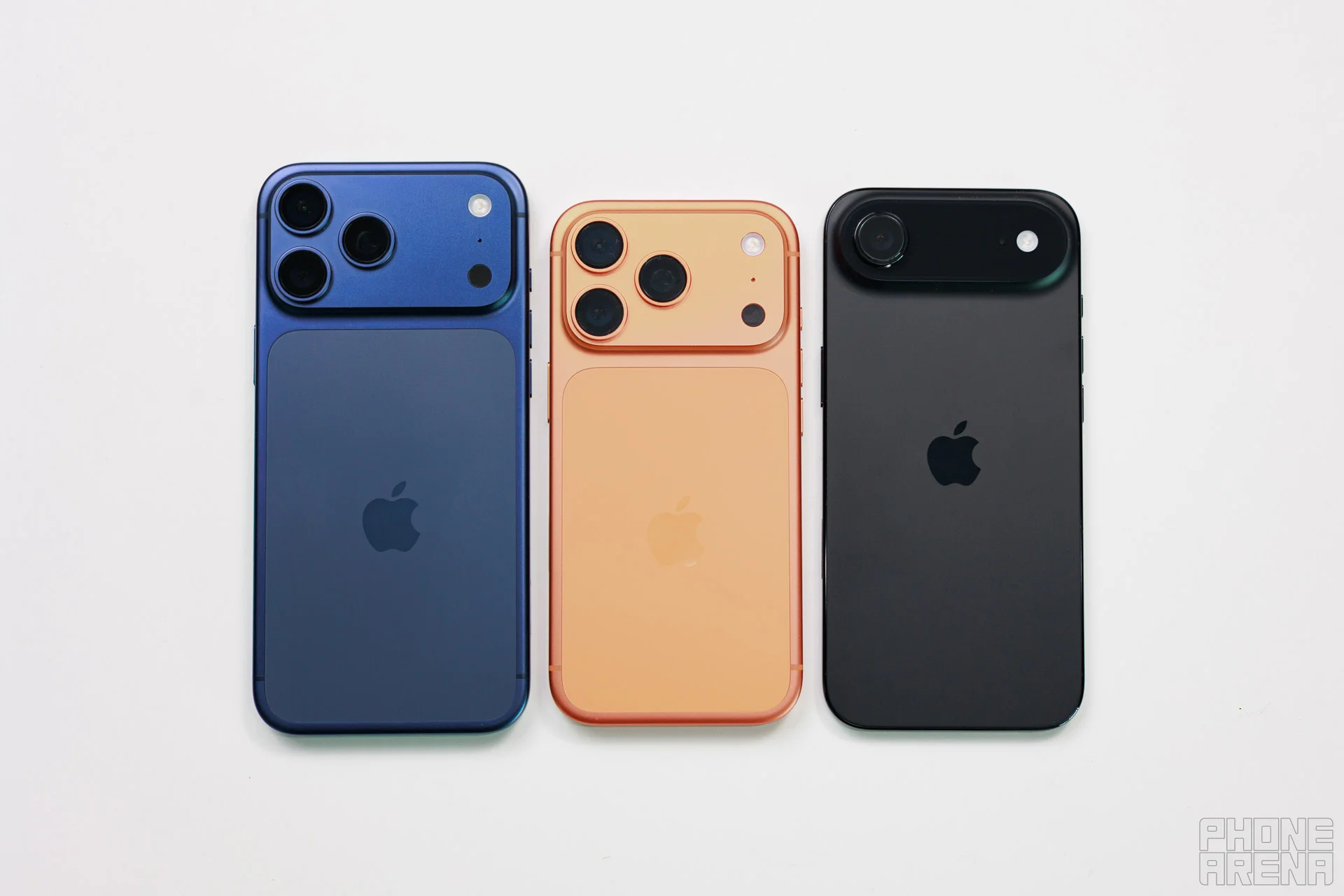 The iPhone 17 Pro Max, the iPhone 17 Pro, the iPhone Air. | Image by PhoneArena - iPhone 17 Pro Max Size Guide: Can your pockets handle the massive 6.9-Inch display?