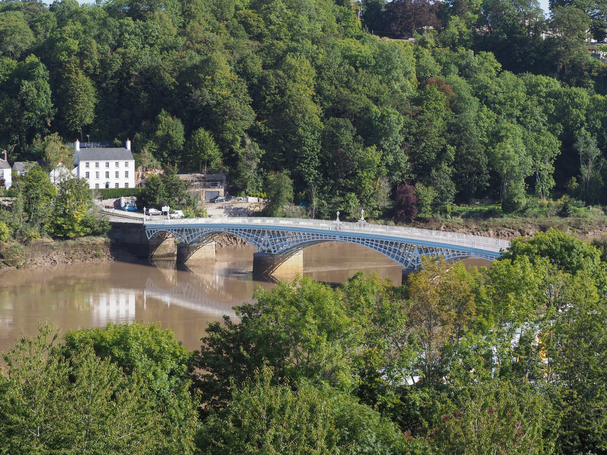 Old Wye Bridge crossing the river between Monmouthshire in Wales and Gloucestershire in England