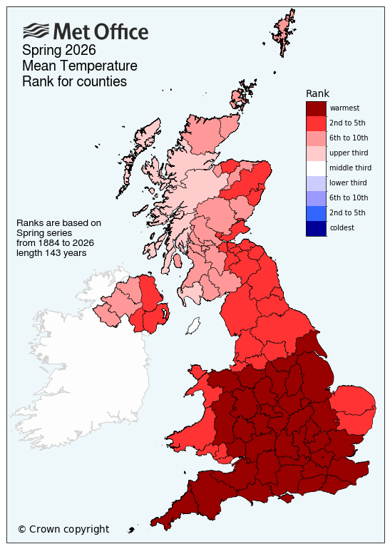 Map showing spring mean temperature for UK ranked by county