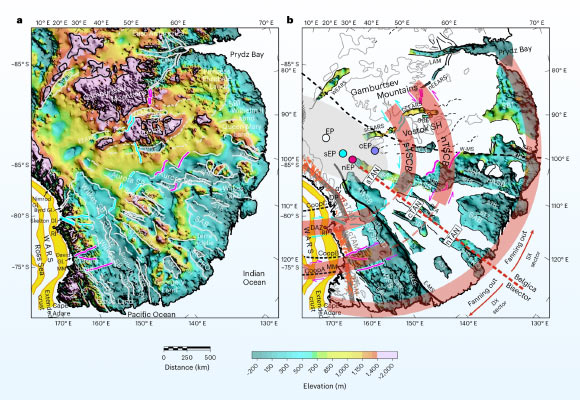 Fault-controlled basins and interpreted structural frame in the newly-identified East Antarctic Fan-Shaped Basin Province. Image credit: Armadillo et al., doi: 10.1038/s41561-026-01991-6.