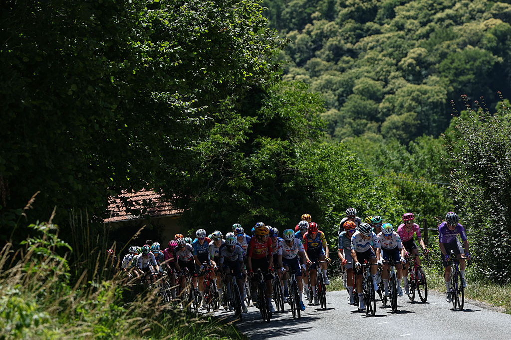 The pack of riders (peloton) cycles during the 7th stage of the Tour Auvergne-Rhone-Alpes cycling race (formerly known as the Criterium du Dauphine), 133,6km between La Bridoire and Grand Colombier in the French Alps on June 13, 2026. (Photo by Anne-Christine POUJOULAT / AFP)