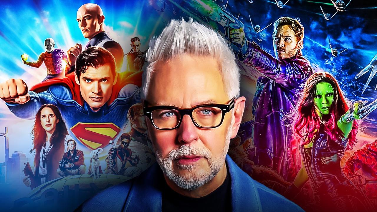 James Gunn with Superman and Guardians of the Galaxy posters.