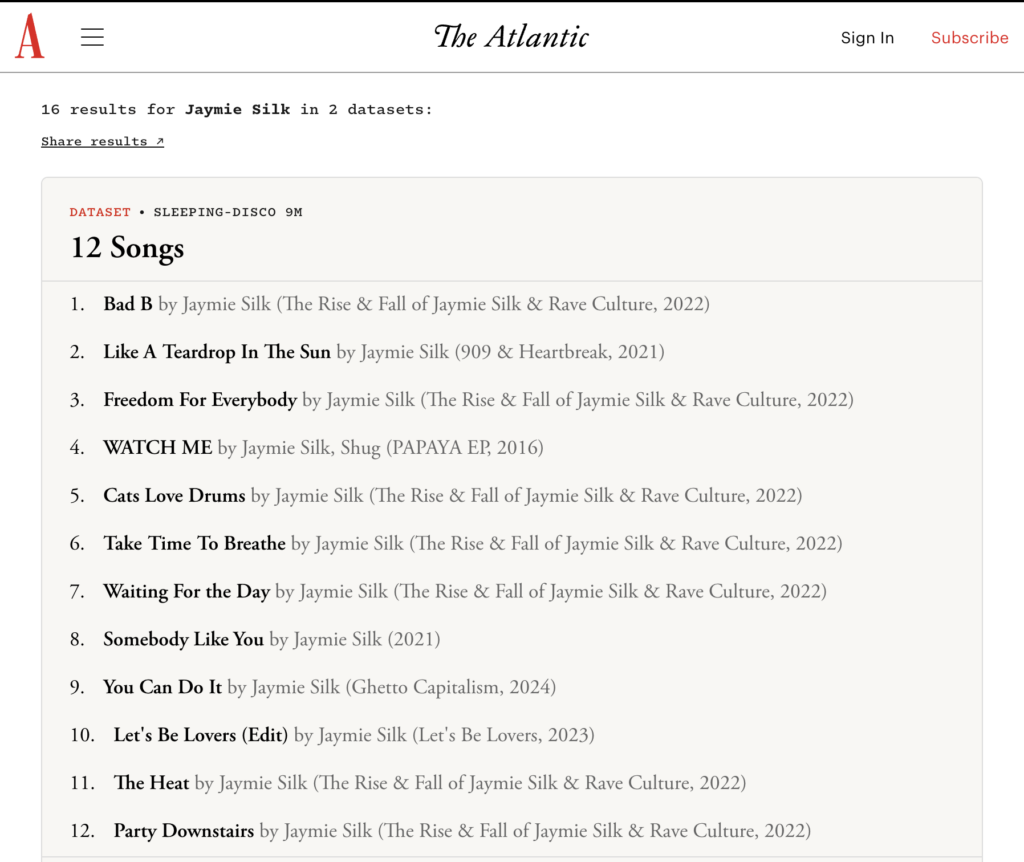 Jaymie Silk song results, showing over a dozen tracks.