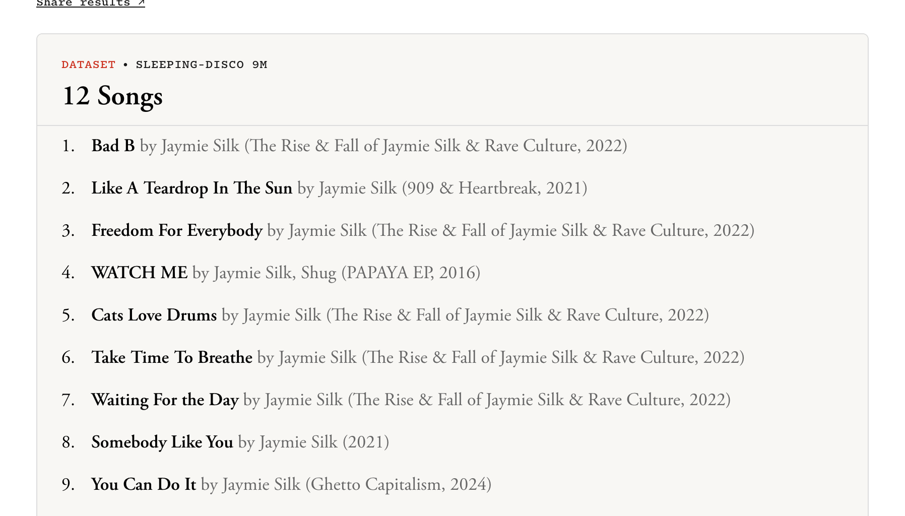 Jaymie Silk song results, showing over a dozen tracks.
